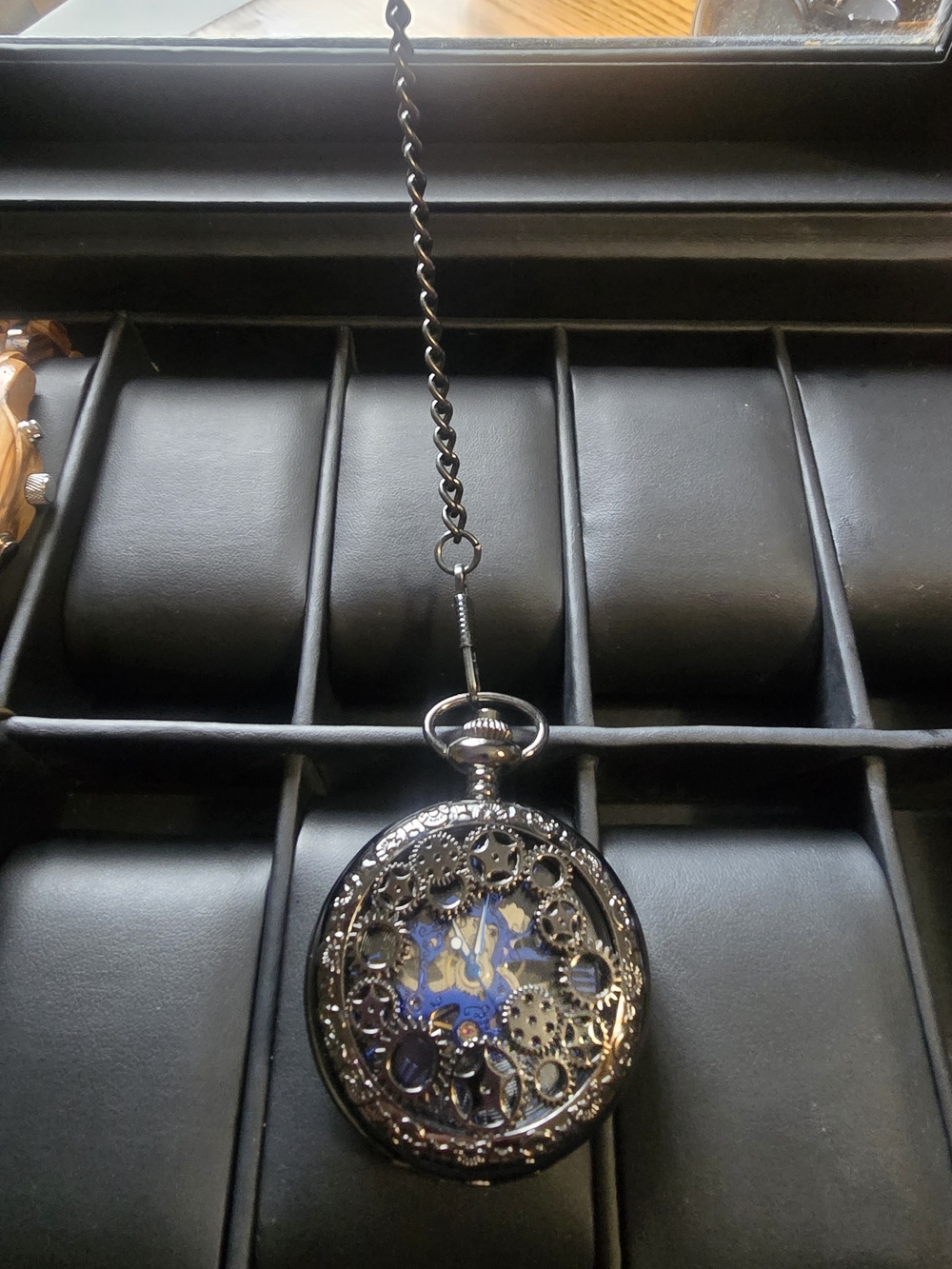 Black Steampunk Pocket Watch with Chain - Decorative Mechanical Design